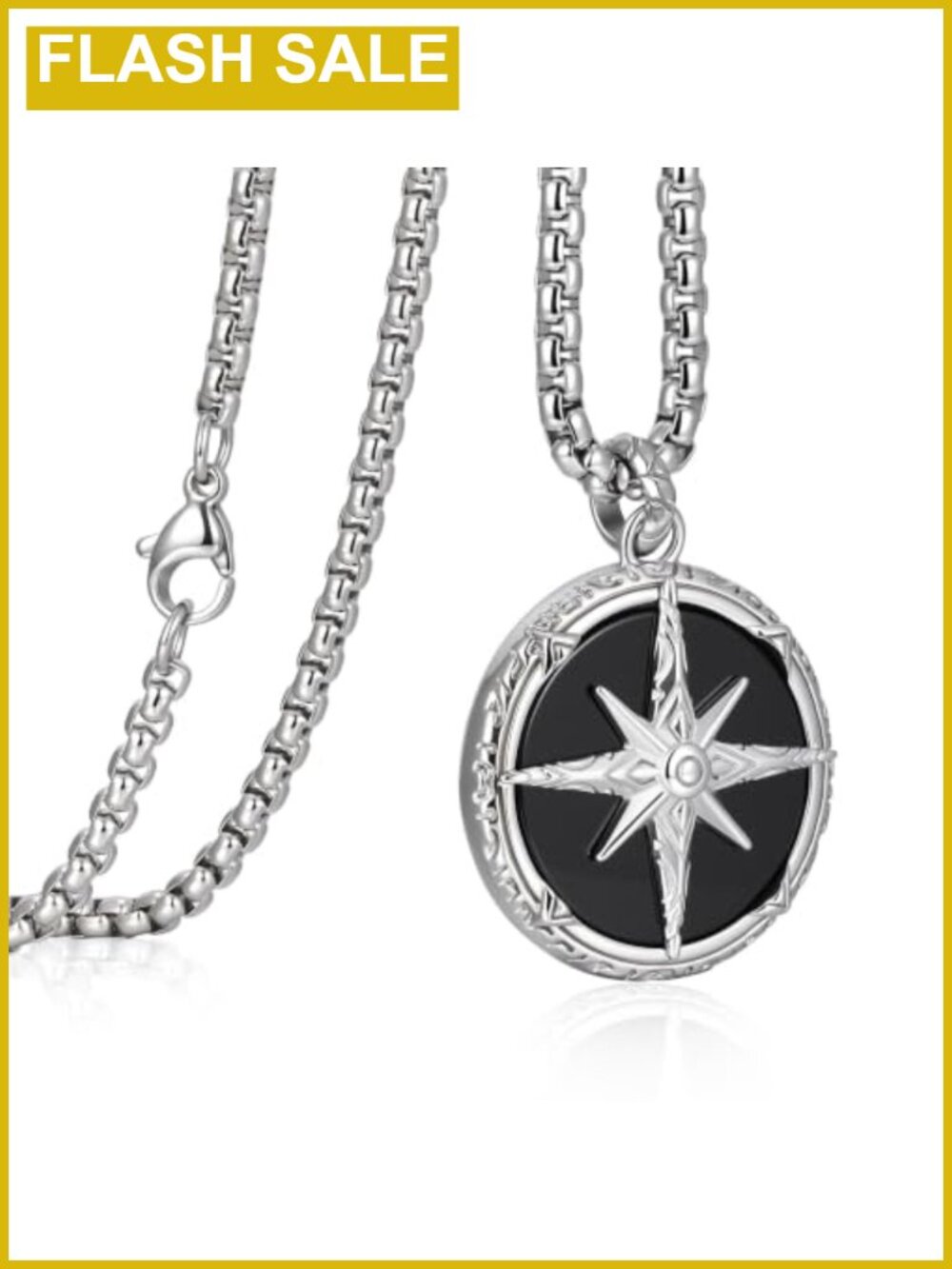 Mens Stainless Steel Compass Necklace Black Onyx Inlay Pendant 24in Box Chain